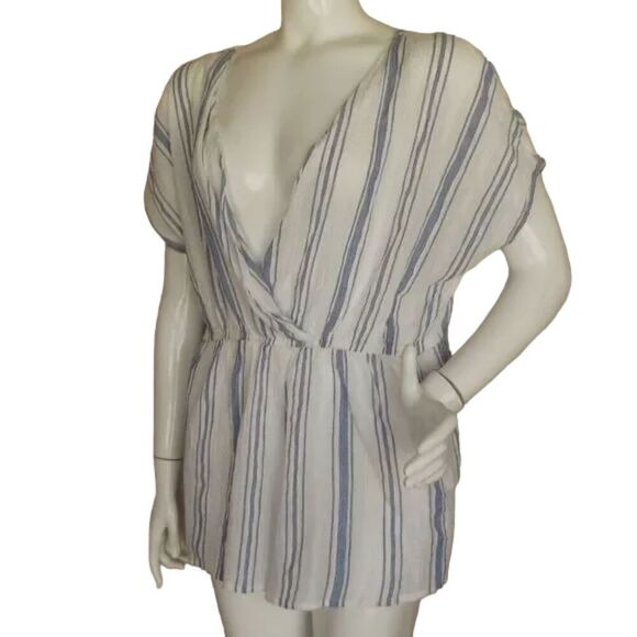 OUT FROM UNDER Swim Cover/Romper, L, White/Blue Stripes, Elastic Waist, Pockets - Picture 3 of 15